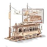 ROKR 3D Wooden Puzzles Model Car Kits for Adults to Build - Wooden Toy Tram Train Set with Railway - Wood 3D Puzzles for Adults - Gift Idea for Christmas Father's Day Birthday