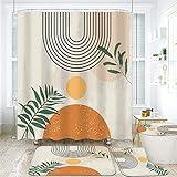 FZDHHY 4PCS Boho Shower Curtain Set Retro Orange Shower Curtain Bathroom Set with Rugs Abstract Shower Curtains for Bathroom with Carpet Bath Mat Toilet Rugs