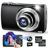 5K Digital Camera for Photography Autofocus with 5X Optical Zoom, 2024 Upgraded 64MP Vlogging Camera with Front and Rear Lens, Touch Screen, SD Card, 2 Batteries, Compact Point and Shoot Camera, Black