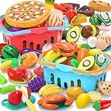 120 Pcs Cutting Play Food Toy for Multiple Kids with 2 Colors Storage Baskets, Kitchen Pretend Food Set for Toddler, Kitchen Toys Accessories, Fake Food/Fruit/Vegetable, Birthday Gifts for Boy Girl