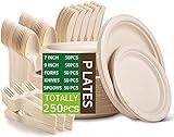 Jeopace Heavy Duty Paper Plates Set for Dinner,Disposable Paper Plates Set Eco Friendly,Sugarcane Bagasse 9 Inch and 7 Inch Party Plates,Forks,Knives and Spoons Set for 50 People [250 PCS]