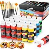 Caliart Acrylic Paint Set With 12 Brushes, 24 Colors (59ml, 2oz) Art Craft Paints Gifts for Artists Kids Beginners & Painters, Halloween Pumpkin Canvas Ceramic Rock Painting Kit Art Supplies