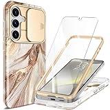 GVIEWIN Designed for Samsung Galaxy S24 Plus Case with Slide Camera Cover+Screen Protector,[10FT Drop Protection] Marble Full Body Shockproof Protective Phone Cover for S24 Plus 6.7", Topaz/Gold