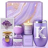 Gifts for Women, Mom, Wife, Girlfriend, Sister, Friends, Her - Unique Birthday, Christmas, Valentine's Day, Mothers Day Gifts - Initial Lavender Spa Gift Basket Set (K)