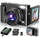 4K Digital Camera for Photography Autofocus, 2024 Latest 48MP Vlogging Camera for YouTube with SD Card, 2 Batteries, 3" 180°Flip Screen Compact Travel Camera for Teens with 16X Zoom, Anti-Shake,Black