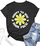 First Day of School Shirt Women Cute Happy to See Your Face Graphic Teacher Shirts Back to School Tshirt Teacher Gift Tee Top Dark Gray