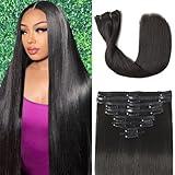 Tebelove Clip in Hair Extensions Real Human Hair, 100g/3.6oz, Clip in 100% Brazilian Remy Human Hair Extension for Women, Double Weft 8pcs Per Set with 18 Clips 1B Natural Black 16 Inch