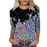 Christmas Cotton Shirts for Women 2024 Glitter Xmas Tree Print 3/4 Sleeve Tops Holiday Crewneck Pullover Blouse Gifts Tunic Tshirt Plus Size Sweatshirt Ugly Sweaters