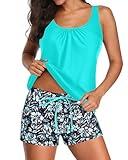 Aqua Eve Two Piece Women's Tankini Swimsuits Blouson Swim Tank Top with Shorts Modest Bathing Suits Blue Green Flower XL