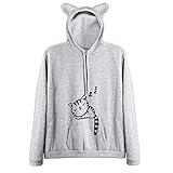 RGOSME Women Cat Ear Kangaroo Pocket Cat Print Novelty Hoodie Sweatshirts Long Sleeves (Grey,S)