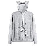 RGOSME Women Girls Cat Hoodie Cute Cat Ear Sleeping Cat Printed Pullover Sweatshirt (Grey,L)