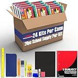 24 Pack Bulk Back to School Supplies for Kids | 20 Piece School Supply Kits in Bulk for Kindergarten, Elementary, K-12 with Notebook, Crayons, Pencils, and More