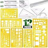 Keadic 12Pcs Geometric Drawings Templates, Geometry Ruler Plastic, Clear Shape Template Yellow Architect Scale Measuring Ruler Drafting Stencils Measuring Tools for Designing and Building