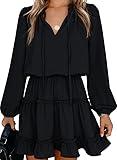 Dokotoo Womens Cute Spring Casual Sexy Deep V Neck Ruffle Chiffon Lantern Long Sleeve Elegant Empire Waist Flowy Mini Short Skirt Dresses for Women Party 2024 Black Medium