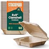 100% Compostable Clamshell Take Out Food Containers [8X8" 50-Pack] Heavy-Duty Quality to go Containers, Natural Disposable Bagasse, Eco-Friendly Biodegradable Made of Sugar Cane Fibers