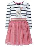 Youlebao Girls Cotton Long Sleeve Casual Cartoon Appliques Striped Jersey Dresses (6T, UGDS04)