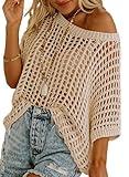 Dokotoo Womens Fashion Spring Summer Tops 2025 Short Sleeve Crochet Hollow Out Sweaters Scoop Neck Lightweight Thin Knit Pullover Apricot Large