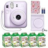 Fujifilm Instax Mini 12 Instant Camera + MiniMate Accessory Bundle & Compatible Custom Case + Fuji Instax Film Value Pack (50 Sheets) Flamingo Designer Photo Album (Lilac Purple)