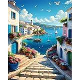 HITIRECOVI Seaview Town Paint by Number Adult,Canvas Paint by Numbers for Adults Seaside,DIY Acrylic Oil Paint by Number for Adults for Home Decor Gift 16x20 Inch