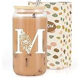 Coolife Initial Glass Cup, Monogrammed Gifts for Women, 16 oz Glass Cups w/Lids Straws, Iced Coffee, Smoothie Beer Glass Tumbler w/Straw Lid, Personalized Christmas, Birthday Gifts for Her Mom Friend