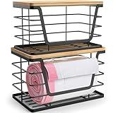 ALOCEO 2 Pack Storage Stackable Kitchen Laundry Organizers with Bamboo Top, Wall Mount Large Trash Bag Holder and Standard Garbage Bag Dispenser
