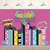 7x5ft Superhero Cityscape Happy Birthday Backdrop Comic Style Diamond Pink City Photography Background Girls Birthday Party Supplies Banner Decor Kids Children Portrait Photo Studio Props