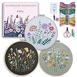 ETSPIL 3 Pack Beginner Embroidery Kits for Adults – DIY Starter Set with Stamped Flower Designs, Embroidery Hoop, Colorful Threads, Tools, Step by Step Instructions & Video Tutorial