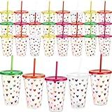 Layhit 30 Pcs Valentine's Day Gifts 16 oz Plastic Tumblers with Lids and Straw Colorful Heart Reusable Cups Valentines Gift for Anniversary Wedding Party Supplies Favors Hot Cocoa Party Supplies