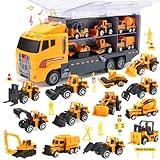 25 in 1 Construction Trucks Push and Go Car Carrier Truck Toy, Play Vehicles with Sounds and Lights, 12 Mini Diecast Trucks Included