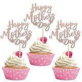 24 PCS Happy Mother's Day Cupcake Toppers with Glitter Heart Love Mother Best Mom Cupcake Picks for Happy Mother's Day Theme Women Birthday Party Cake Decorations Supplies Rose Gold