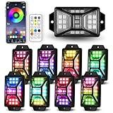 8 Pods Full Angle RGB Rock Lights Compatible with 12V-24V Trucks Jeep UTV SUV ATV Boat Golf Cart, Waterproof Multi-Color, App/Remote Control Led Rock Lights with Music Mode