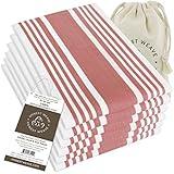 HONEST WEAVE GOTS Certified Organic Cotton Kitchen Hand and Dish Towel Sets - Oversized 20x30 inches, Fully Hemmed, in Designer Colors, 6-Pack, Coral Stripe