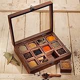 Ajuny Wooden Spice Box - Masala Dabba Organizer with Glass Lid on Top, 12 Removable Compartments and 1 Designer Spoon Spice Storage Container, Ideal for Seasonings & Herbs Best Gifts