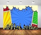 BELECO 9x6ft Fabric Super City Backdrop for Superhero Photoshoot Comic Urban Skyline City Boom Super City Background for Superhero Party Decorations Baby Shower Birthday Photoshoot Studio Props