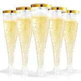 FOCUSLINE 100 Pack Plastic Champagne Flutes, 4.5 Oz Gold Rim Plastic Champagne Glasses, Disposable Clear Toasting Glasses Recyclable Champagne Cups for Wedding Party
