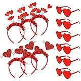 Whaline Valentine's Day Party Accessories 6Pcs Glitter Red Heart Bopper Headbands and 6 Pairs Heart Shape Eyeglasses Love Arrow Sparkling Hairband Transparent Eyewear for Wedding Party Favor Supplies