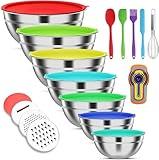 ENVTEK Mixing Bowls with Lids Set, 7 PCS Stainless Steel Mixing Bowls with 3 Grater Attachments, Size 4.5, 4, 3.5, 2.1, 1.5, 1.1, 0.7QT, Ideal for Kitchen Cooking Baking & Serving