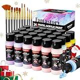 Fantastory Pastel Acrylic Paint Set+12 Brushes, 24 x 2oz Pastel Colors Art Craft Paint for Artists Students, Halloween Decorations, Canvas Ceramic Wood Rock Painting Supplies Kit [Professional Series]