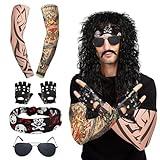 7 Pcs Rocker Costume Men's Wigs Black Curls Disco Costume Men's Party Costume Men with Wigs Sunglasses Beards Sleeves Gloves Headscarves for 70s 80s 90s, Medium