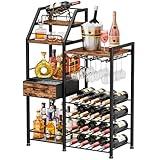 HapiRm Wine Rack Freestanding Floor - Multi-Tier Liquor Cabinet with Fabric Drawer, Liquor Bottle Display Shelf with Glass Holder, Vintage Whiskey Cabinet for Home