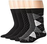 Amazon Essentials Men's Comfortable Patterned Dress Socks, 5 Pairs, Black/Dots/Plaid/Stripe, 8-12