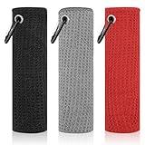 PEASUG 3 Pack Golf Towels (16" x 16"), Absorbent Waffle Pattern Golf Towel for Golf Bag, Tri-Fold Portable Microfiber Golf Towels for Men & Women with Carabiner Clip, Gray/Red/Black
