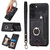JanCalm for Samsung S22 Case Card Holder Wallet, Ring Stand, RFID Blocking, Wrist Strap, Camera Protector, Leather Magnetic Clasp Protective Cover for Galaxy S22 (Black)