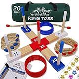 Yards of Fun Wooden Ring Toss Game for Kids. Family, Adults. 20 Rope & Plastic Rings, Scorecard, Stickers, Bag, Rules, Start Line. Fun Indoor Outdoor Games Set. Outside Backyard Fun Back Yard Games