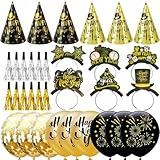 YVAINE 42 Pieces New Years Eve Party Supplies 2025 Black Gold Happy New Year Decorations Kit Includes 6 New Years Party Hats 6 Headband Tiaras 12 Noise Makers and 18 Happy New Year Balloons