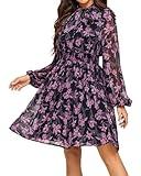Ystguic Women's Long Sleeve Bow Tie Mini Dresses 2025 Elegant Autumn Winter Polyester Empire Waist Paisley Dress Chiffon Flowy Printed for Holiday Vocation Large YG063 Black and Purple Print L
