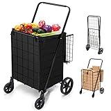 HABUTWAY Grocery Cart on Wheels with Removable Liner, Folding Shopping Cart,Heavy Duty Shopping Carts for Groceries,360° Rolling Laundry Cart,Lightweight Trolley for Seniors 220lb Capacity Black