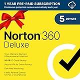 Norton 360 Deluxe 2025, Antivirus software for 5 Devices with Auto Renewal - Includes VPN, PC Cloud Backup & Dark Web Monitoring [Download]