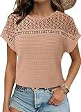 Dokotoo Plus Size Summer Spring Tops for Women Fashion 2025 Crewneck Waffle Knit Hollow Out Short Sleeve Tunic Tops Trendy Solid Casual Loose Fit Blouses TShirts for Women Cute Outfits Khaki Medium
