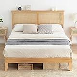 coucheta Rattan Bed Frame Queen with Natural Rattan Headboard,Queen Bed Frame with LED Lights,Rattan Queen Bed Frame with Headboard,Solid Wood Foundation with Silent Slats,No Box Spring Needed(Queen)